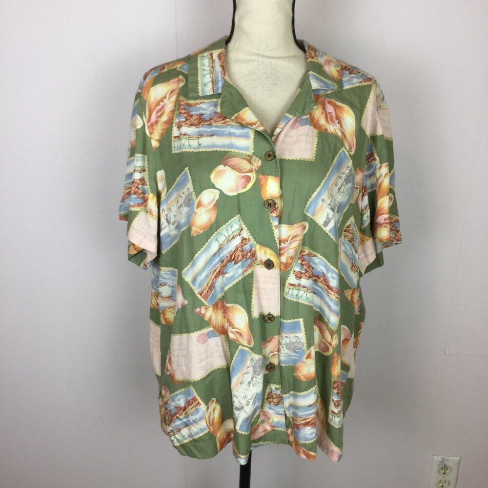 Havana Jacks Cafe Hawaiian Shirt 2X Womans Plus Green Beach Button Down Rayon